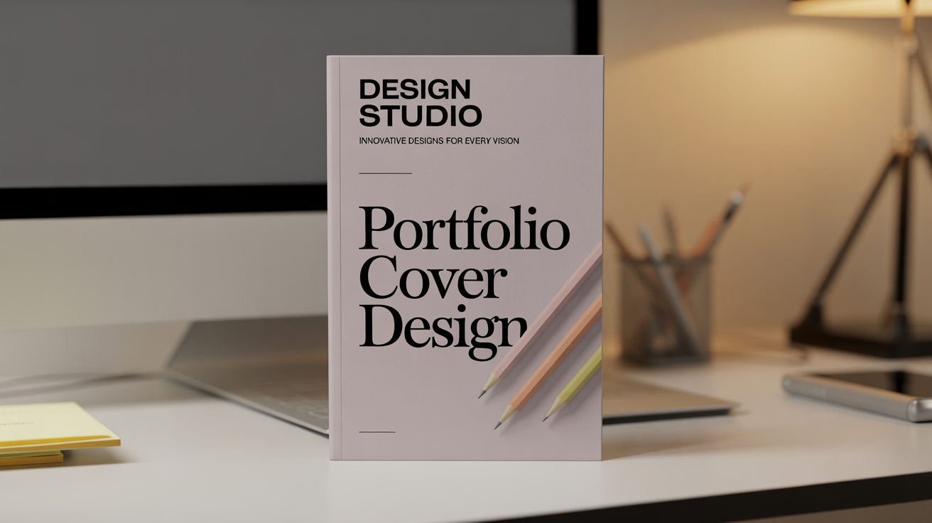 A professionally designed portfolio cover with a light gray background. It features the title 'DESIGN STUDIO' at the top, 'PORTFOLIO COVER DESIGN' in the center, and 'CREATED IN 2023' at the bottom, all in modern typography.