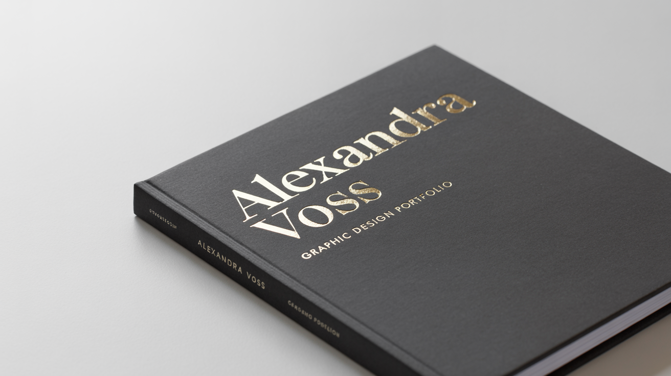 A modern design portfolio cover for 'Alexandra Voss', featuring elegant gold foil typography on a dark charcoal gray background.