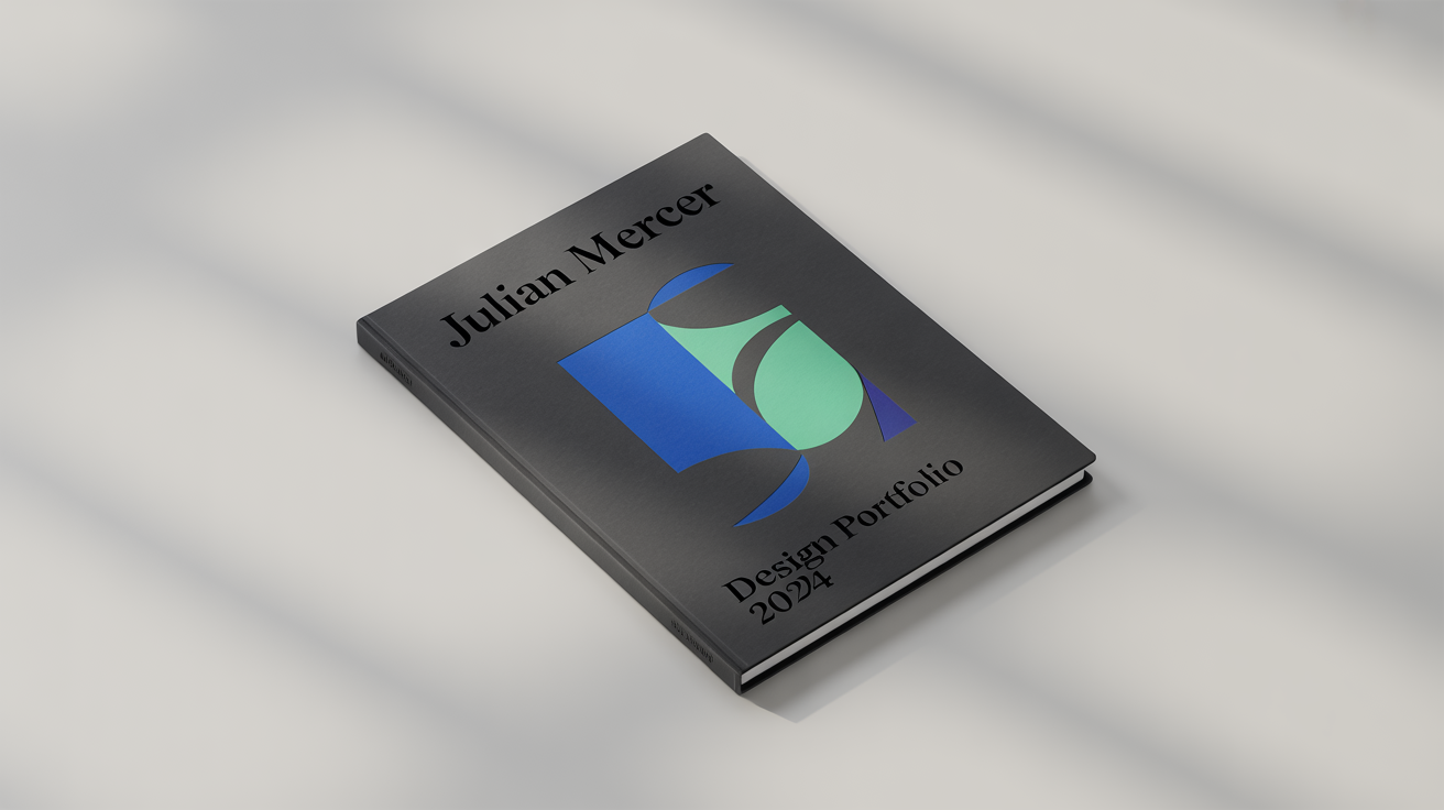 A professional mockup of a matte black hardcover design portfolio for 'Julian Mercer', featuring a vibrant blue and mint green abstract geometric design, set against a clean white background.