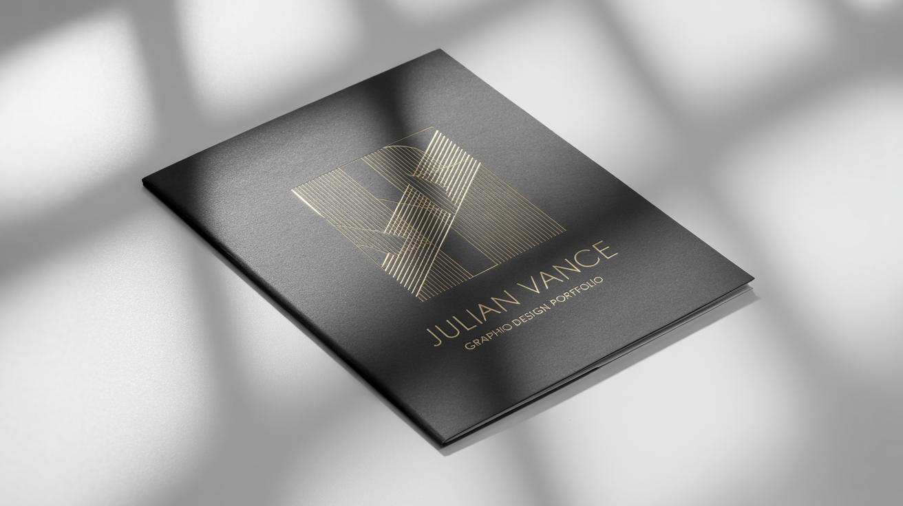 A professional mockup of a design portfolio cover for 'Julian Vance' featuring a minimalist gold foil geometric design on a matte black background, presented on a white surface.