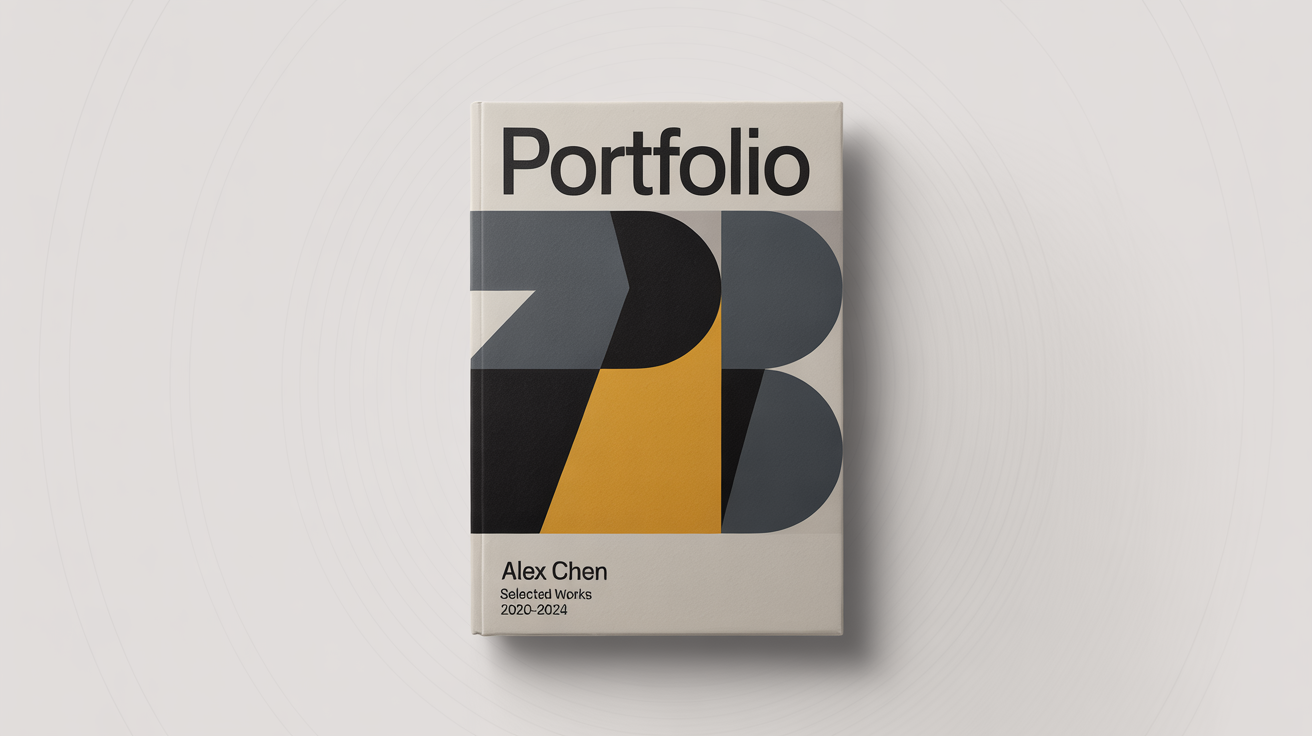 A mockup of a minimalist design portfolio cover with the title 'Portfolio' and the name 'Alex Chen', featuring abstract geometric shapes on a white background.