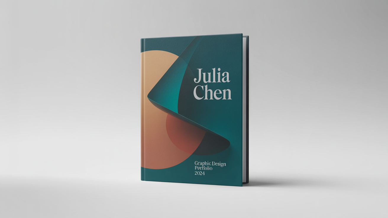 A professional mockup of a modern design portfolio cover for a graphic designer named 'Julia Chen', shown as a hardcover book on a clean white background.