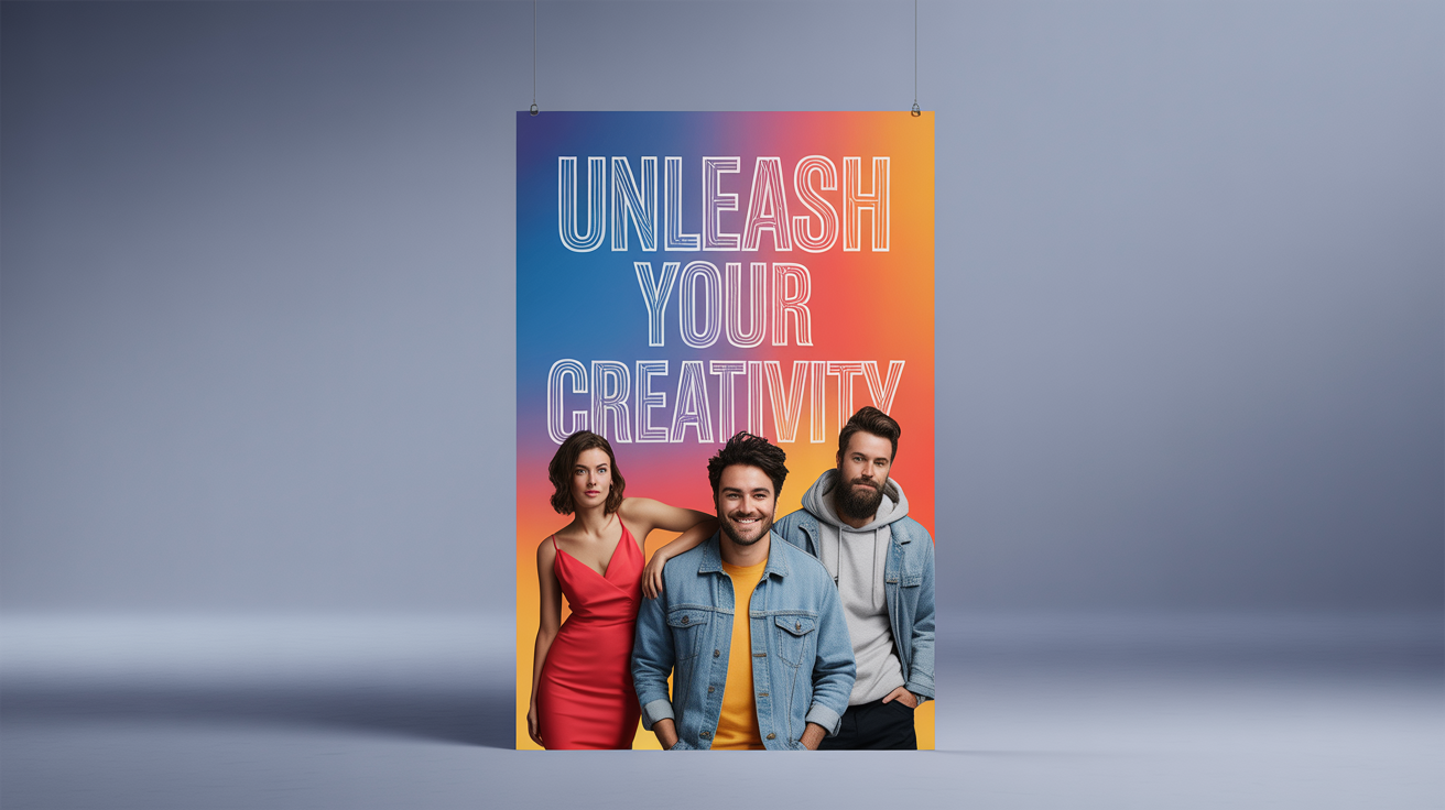 A professionally designed A3 poster with the title 'Unleash Your Creativity', featuring three stylish people against a colorful blue and orange gradient background, presented as a final mockup.