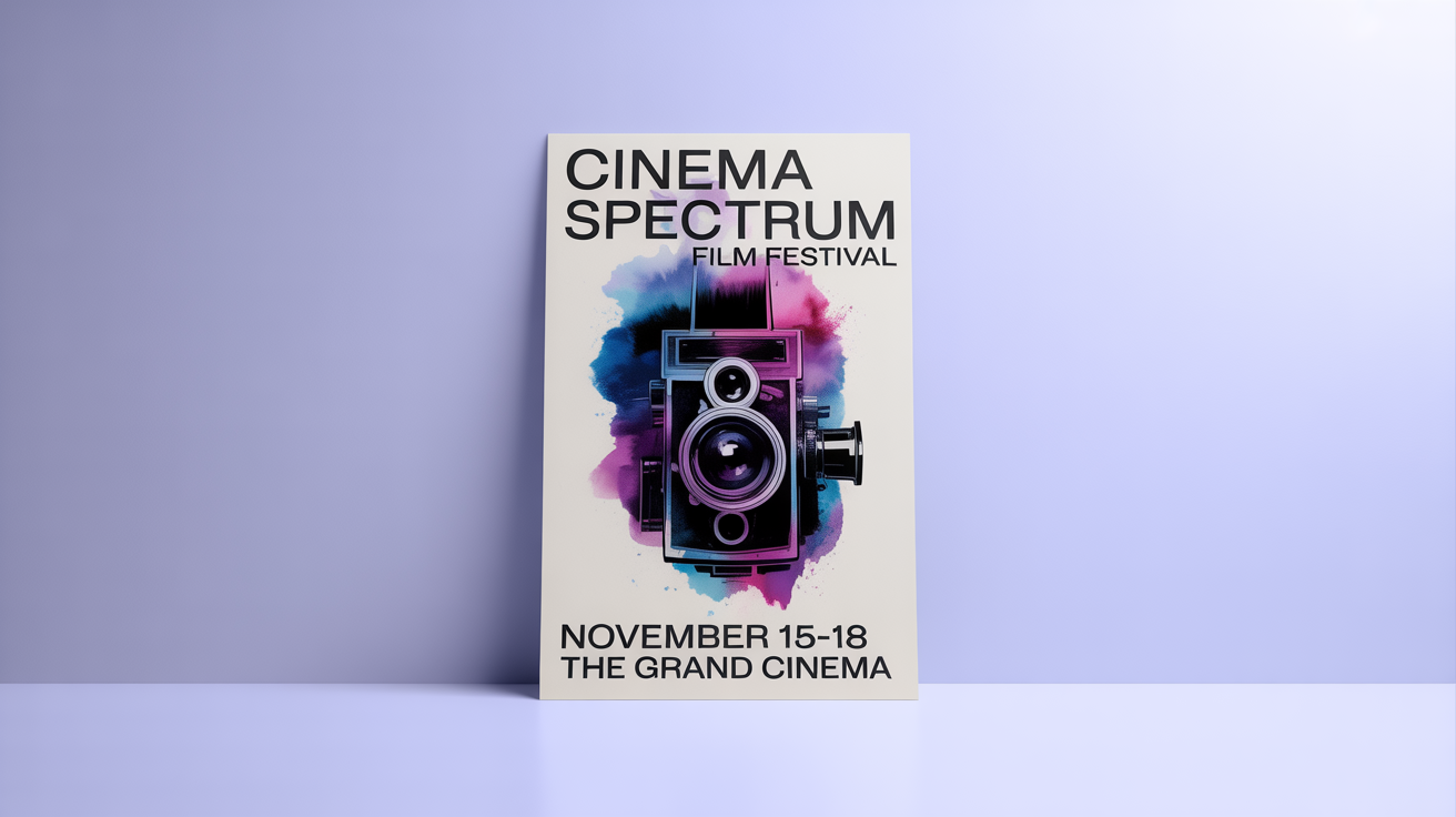 A mockup of an A3 poster for the 'Cinema Spectrum Film Festival' featuring a vintage camera illustration with a watercolor effect, set against a plain white background.