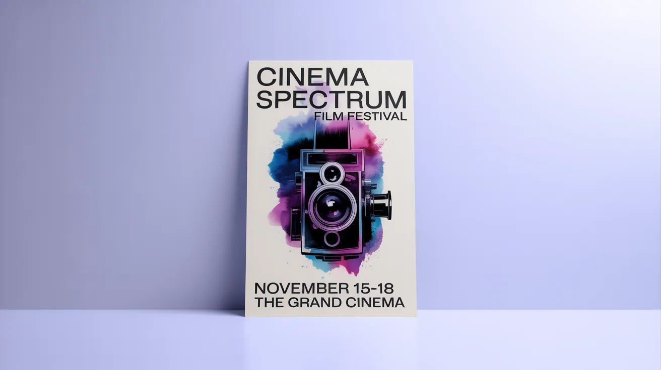 A mockup of an A3 poster for the 'Cinema Spectrum Film Festival' featuring a vintage camera illustration with a watercolor effect, set against a plain white background.