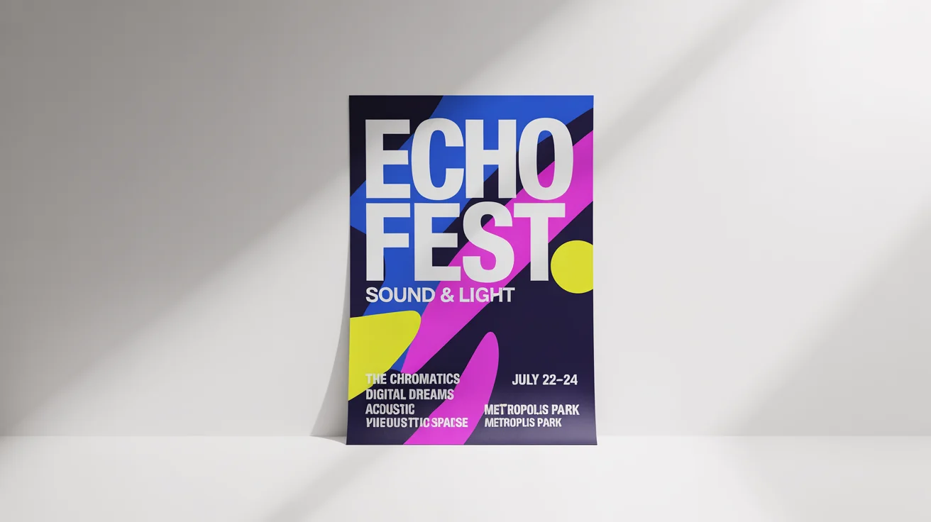 A photorealistic mockup of a modern A3 poster for a music festival called 'Echo Fest', featuring bold typography and abstract shapes on a white background.