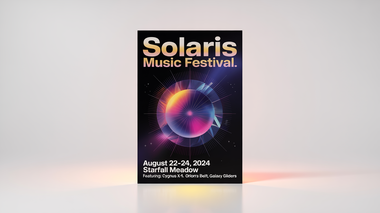 A photorealistic mockup of an A3 poster for the 'Solaris Music Festival' from August 22-24. The poster features a futuristic design with an abstract sun graphic and is displayed against a plain white background.