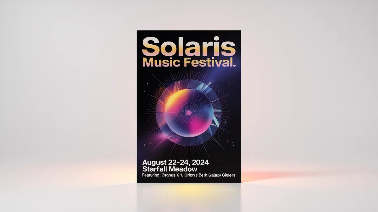 A photorealistic mockup of an A3 poster for the 'Solaris Music Festival' from August 22-24. The poster features a futuristic design with an abstract sun graphic and is displayed against a plain white background.