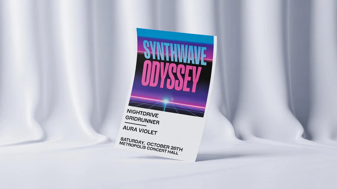 A photorealistic mockup of a vibrant A3 poster for a music event called 'Synthwave Odyssey', presented at a slight angle on a clean white background.