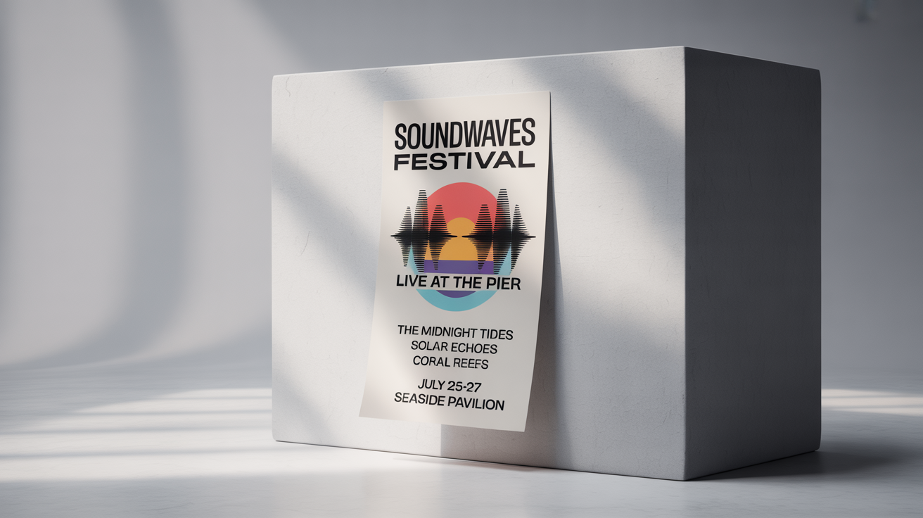 A photorealistic mockup of a modern A3 poster for a fictional music festival called 'Soundwaves Festival', displayed on a clean white background.