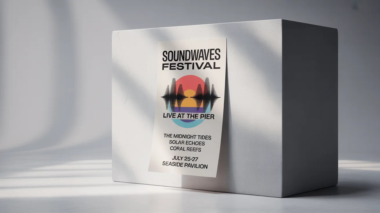 A photorealistic mockup of a modern A3 poster for a fictional music festival called 'Soundwaves Festival', displayed on a clean white background.