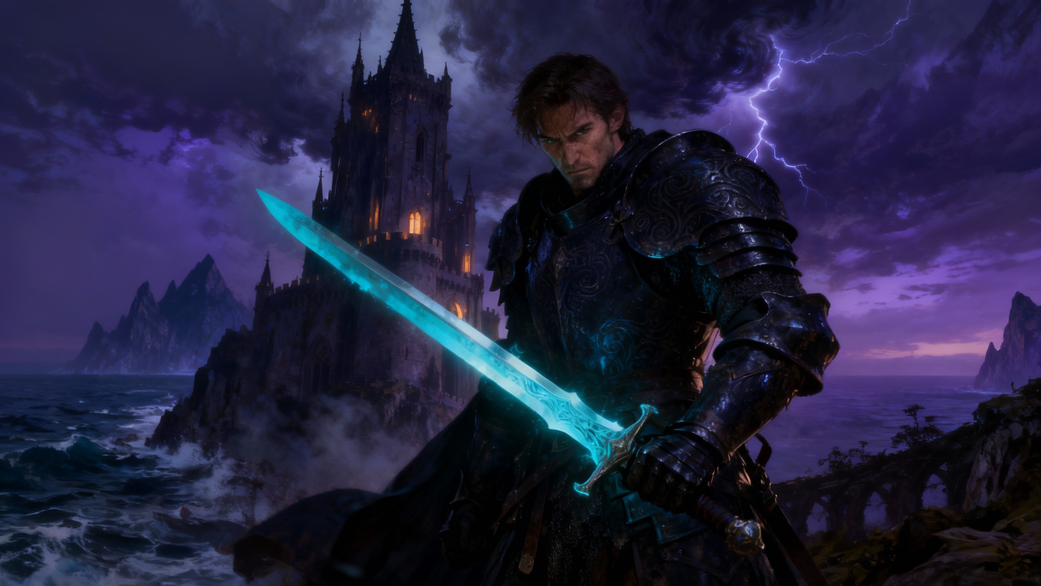 A fierce warrior in dark armor holding a glowing sword, standing before a towering, dark gothic castle under a stormy sky with lightning.