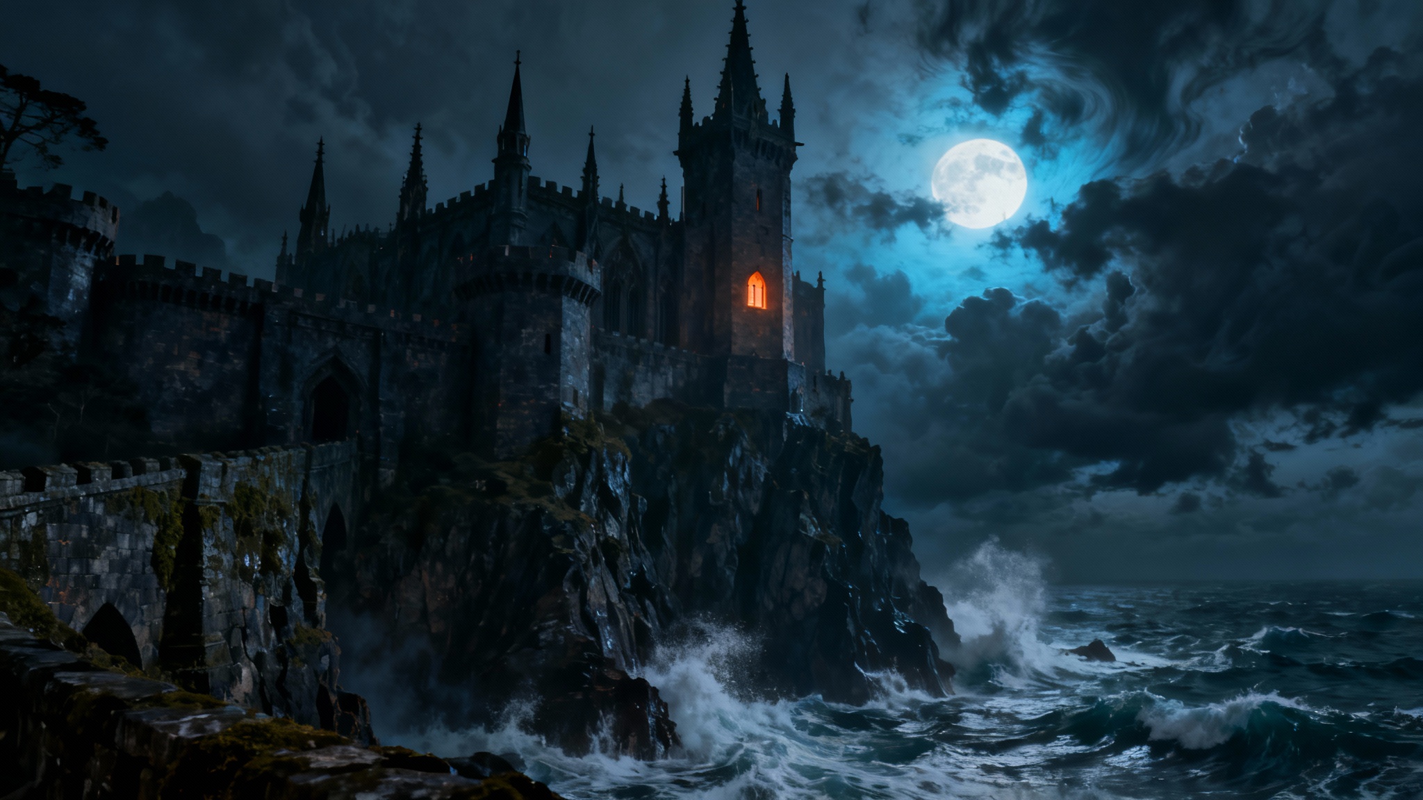 An epic, photorealistic image of a dark Gothic castle on a cliff overlooking a stormy sea at night, under a full moon.