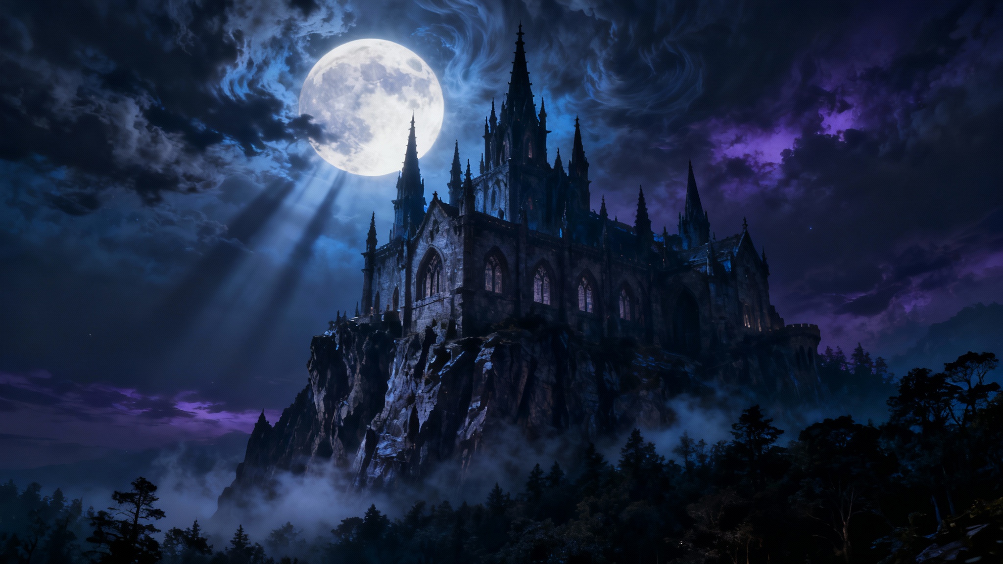 A vast and ominous gothic castle on a clifftop at night, dramatically lit by a full moon under a stormy sky, creating a mysterious and epic fantasy scene.