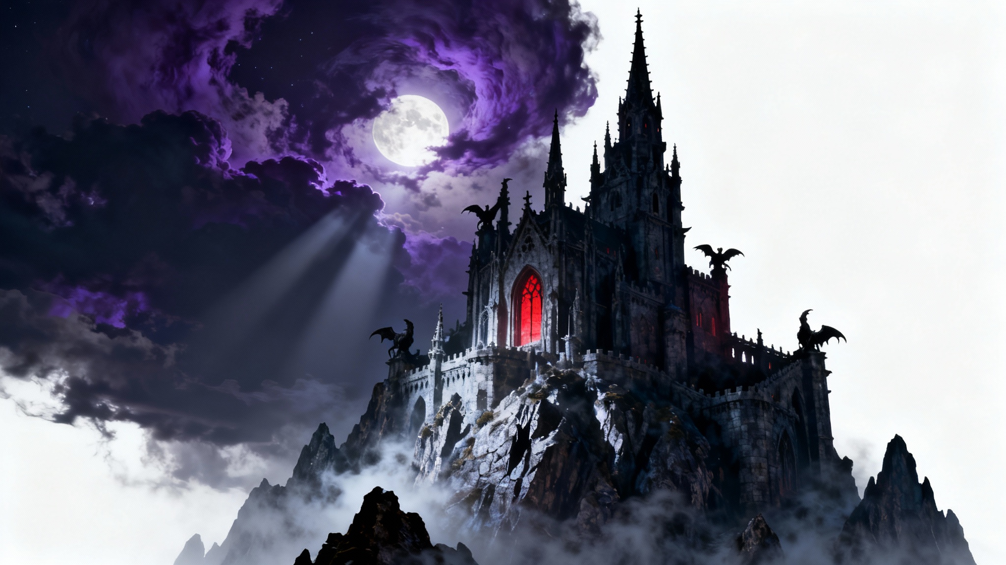 A moody and dramatic illustration of a dark, gothic castle on a mountain at night, illuminated by a full moon under a stormy sky.