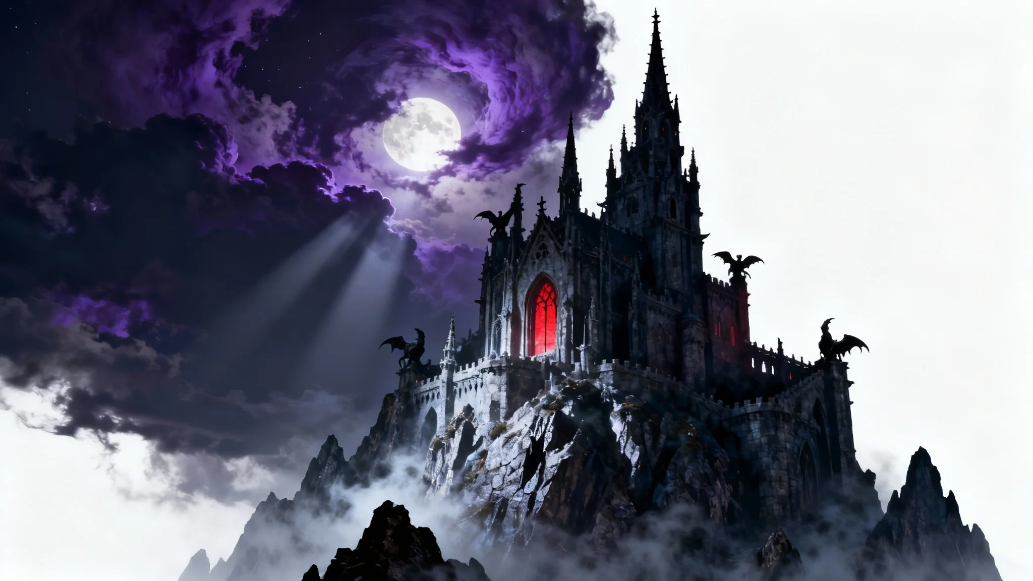 A moody and dramatic illustration of a dark, gothic castle on a mountain at night, illuminated by a full moon under a stormy sky.