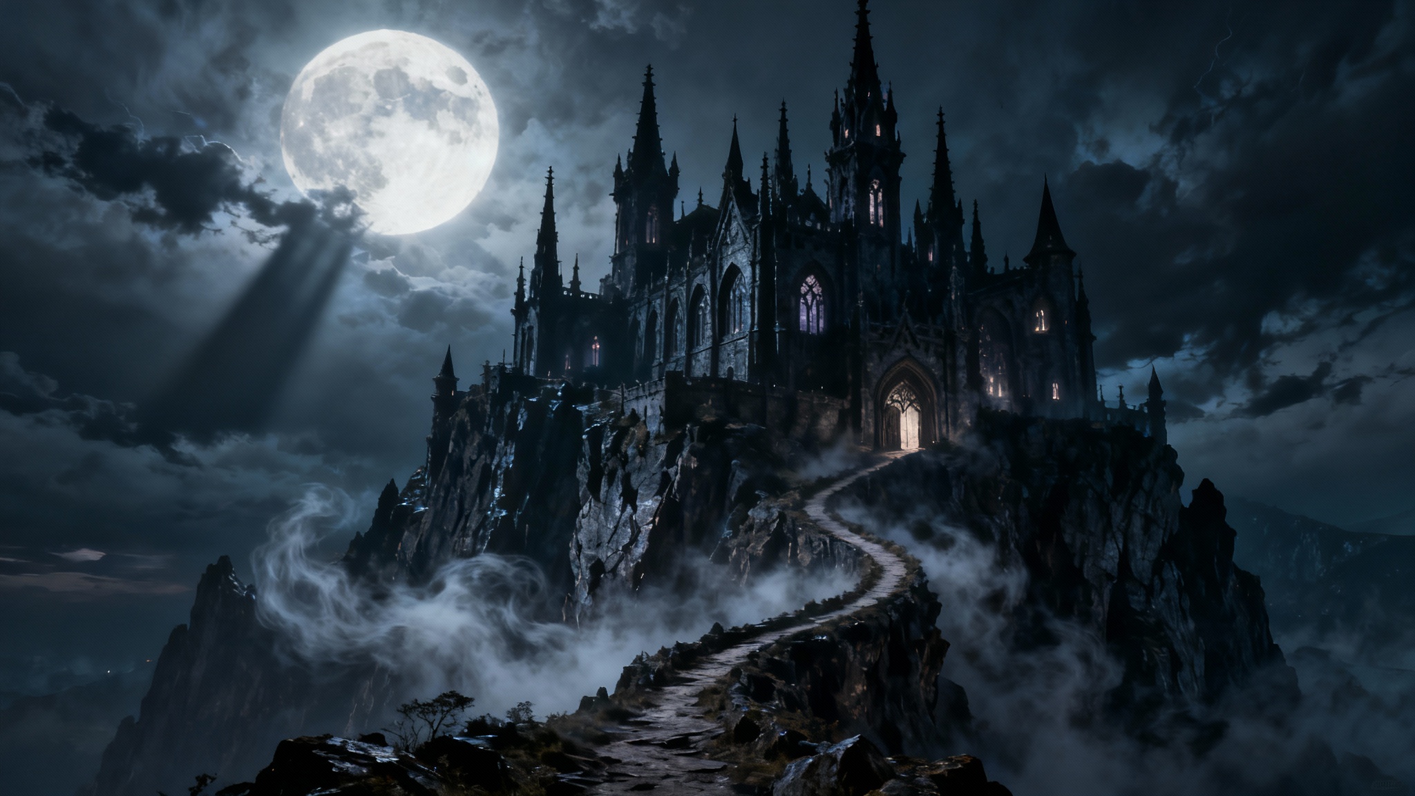 A dark, gothic castle perched on a cliff under a stormy, moonlit sky, evoking a sense of mystery and fantasy.