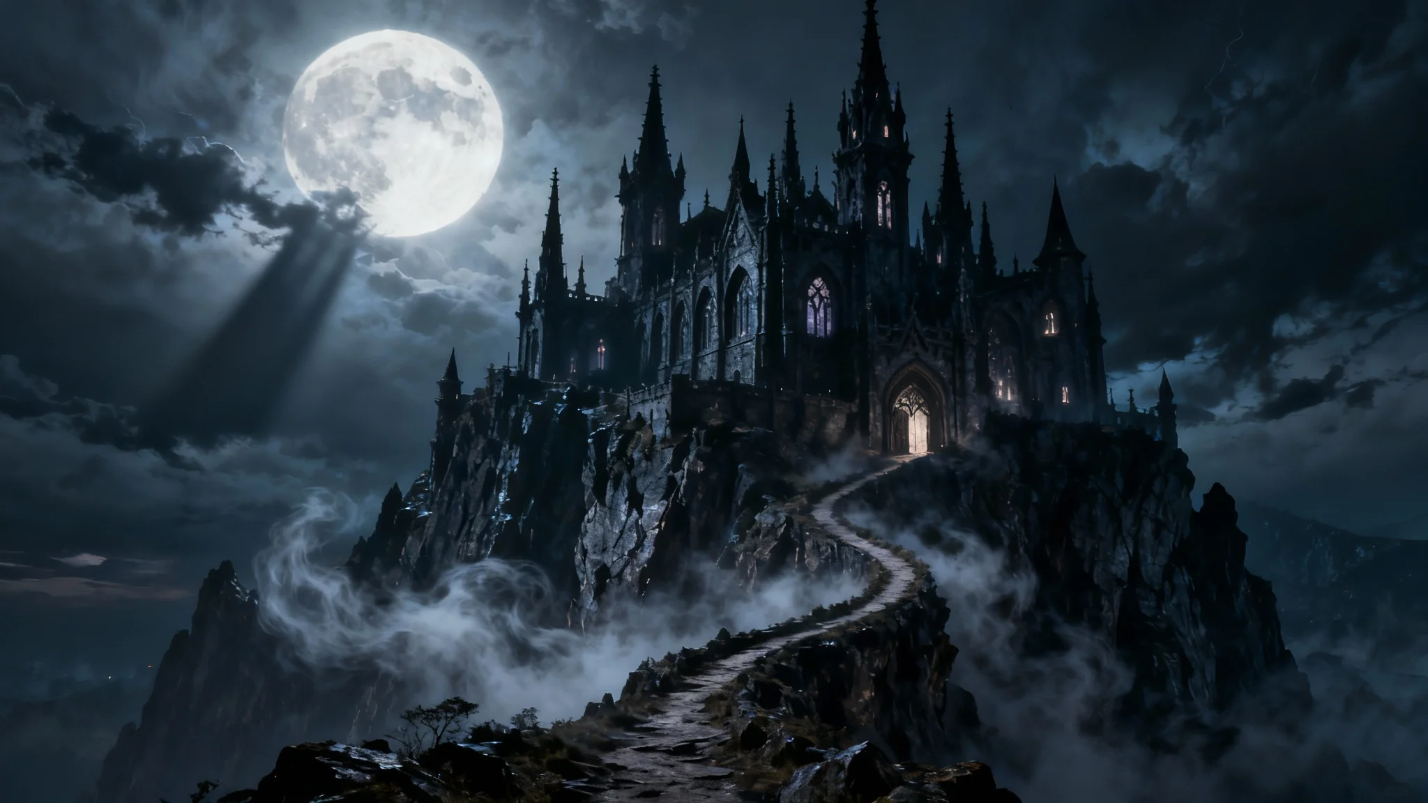 A dark, gothic castle perched on a cliff under a stormy, moonlit sky, evoking a sense of mystery and fantasy.