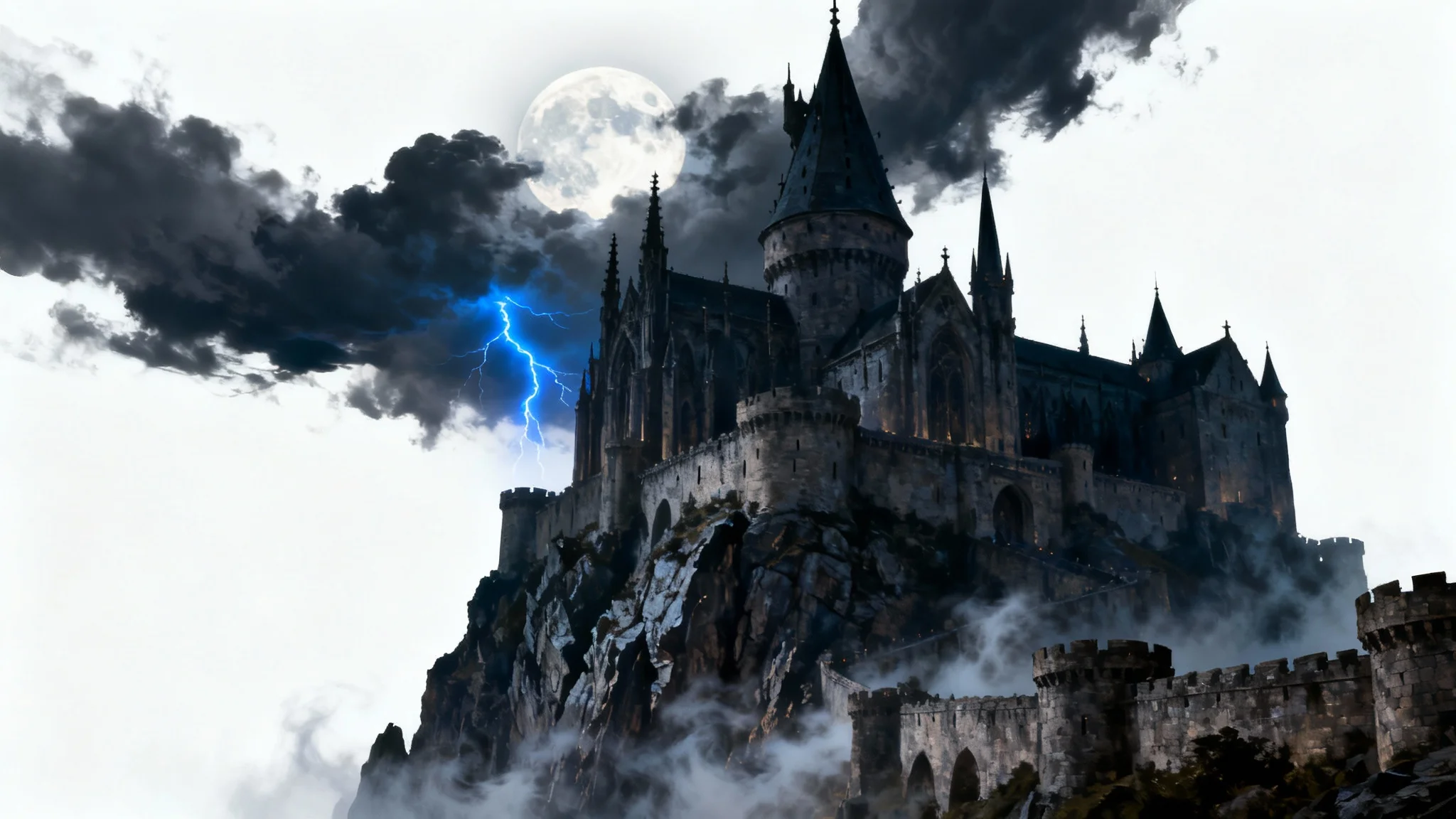 A dramatic rendering of a dark, gothic castle on a cliff at night under a stormy sky with a full moon, presented as a mockup on a white background.