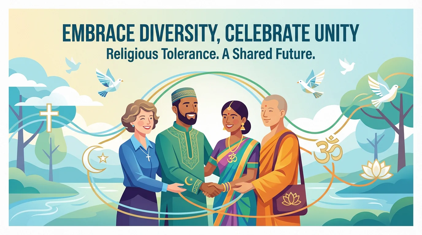 A professionally designed poster showing a diverse group of people from different religions holding hands in unity, with the text 'Embrace Diversity, Celebrate Unity'.