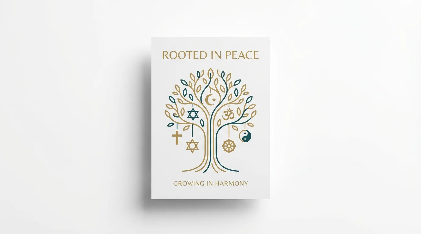 A mockup of a poster promoting religious tolerance, set against a plain white background. The poster features a stylized 'Tree of Life' with various religious symbols hanging from its branches. Text on the poster reads 'ROOTED IN PEACE' and 'GROWING IN HARMONY'.