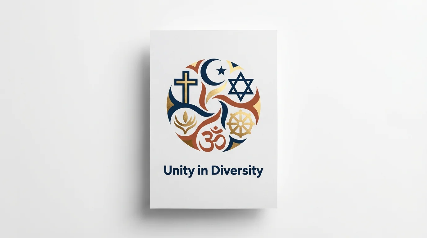 A mockup of a religious tolerance poster on a white background, featuring intertwined symbols of different world religions in a circle above the text 'Unity in Diversity'.