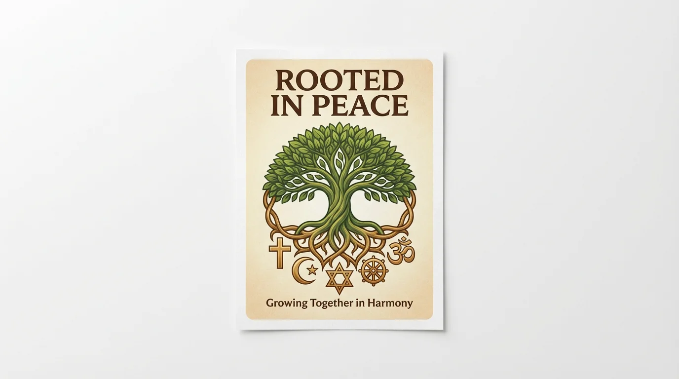 A mockup of a religious tolerance poster on a white background. The poster shows a tree whose roots are formed from the symbols of different world religions, with the headline 'ROOTED IN PEACE' above it.