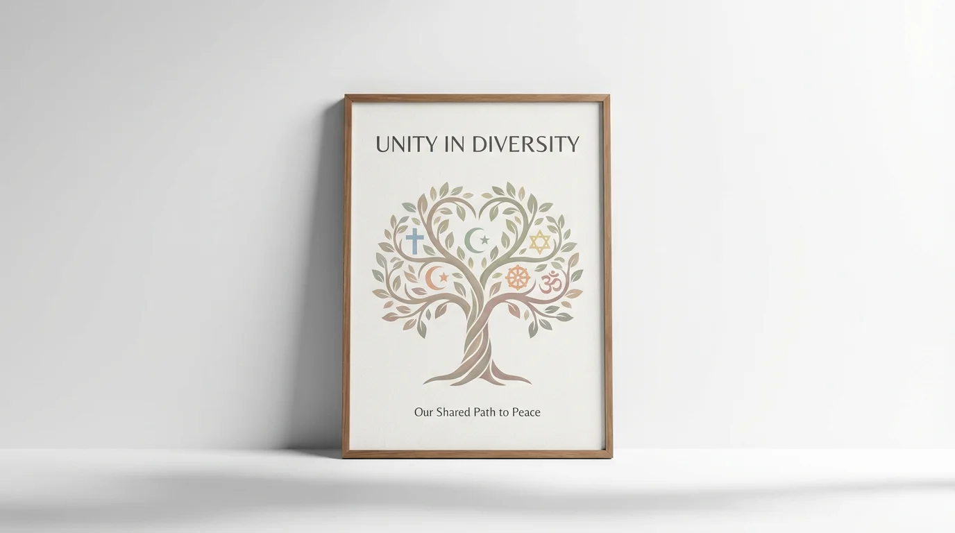 A poster mockup promoting religious tolerance on a white background. It features a Tree of Life with symbols of various world religions in its branches and the title 'UNITY IN DIVERSITY'.