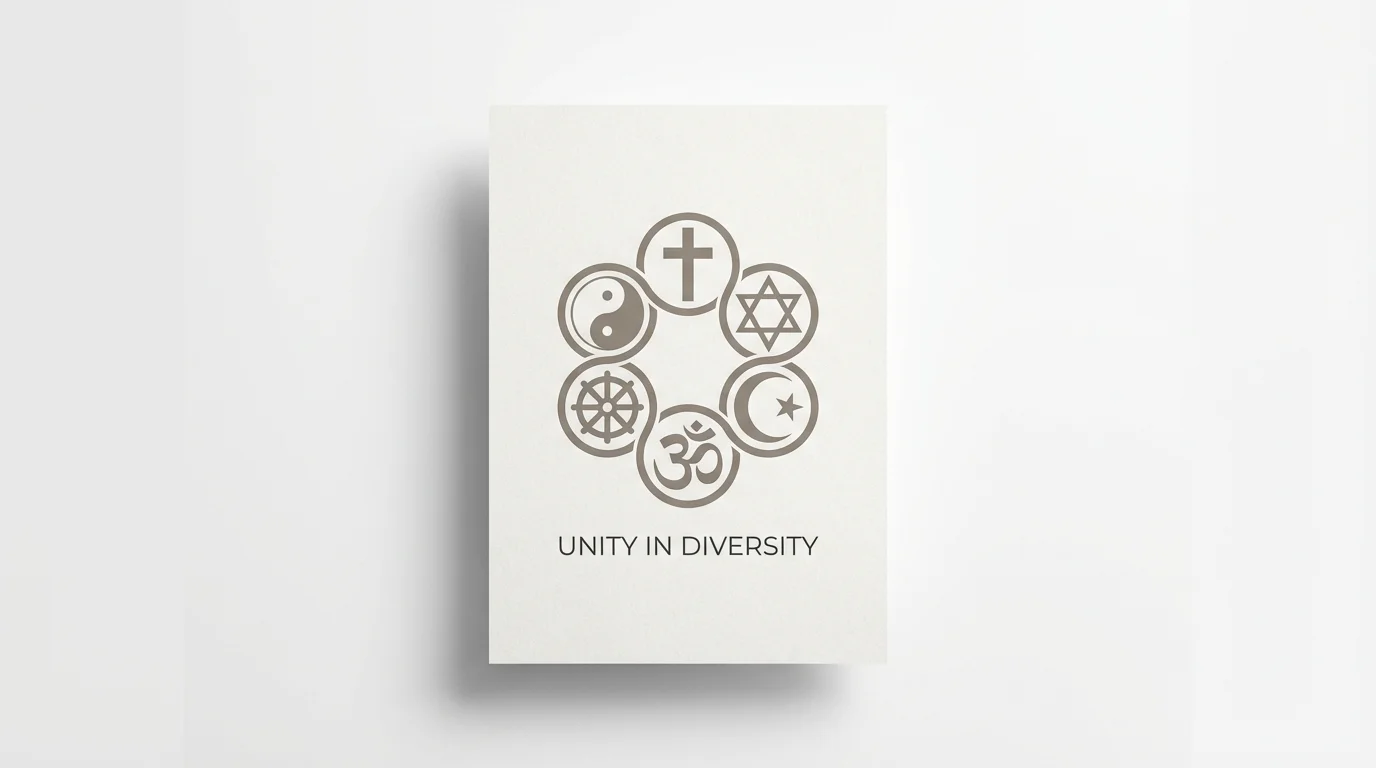 A mockup of a poster promoting religious tolerance, featuring symbols of various world religions arranged in a circle above the text 'UNITY IN DIVERSITY'.