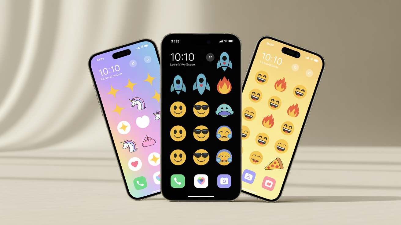 A professional product shot of three smartphones in a flat lay arrangement, each displaying a different custom-designed emoji lock screen wallpaper on a clean white background. The wallpapers show various styles, from cute pastels to dark mode to vibrant collages, demonstrating the final output of a wallpaper design tool.