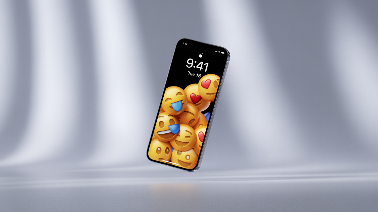 A modern smartphone displaying a colorful and fun emoji-patterned lock screen wallpaper, set against a clean white background.