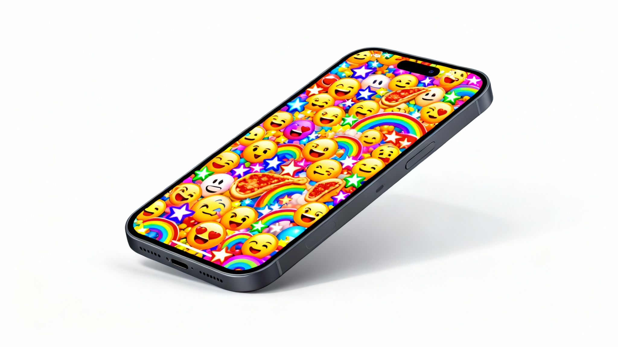 A sleek, modern smartphone mockup displaying a vibrant and fun lock screen wallpaper made of a dense pattern of colorful emojis, set against a clean white background.