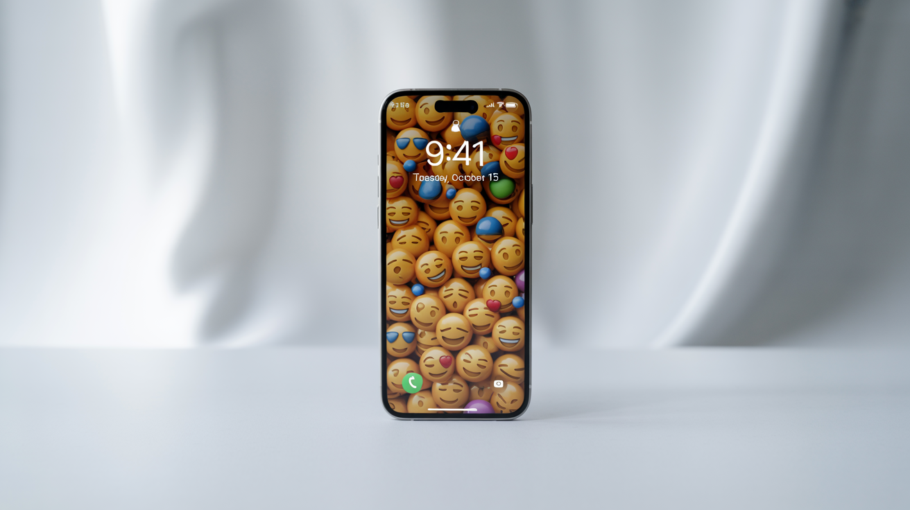 A close-up shot of a smartphone's lock screen, featuring a vibrant wallpaper made of a dense pattern of colorful emojis. The time and date are visible at the top.