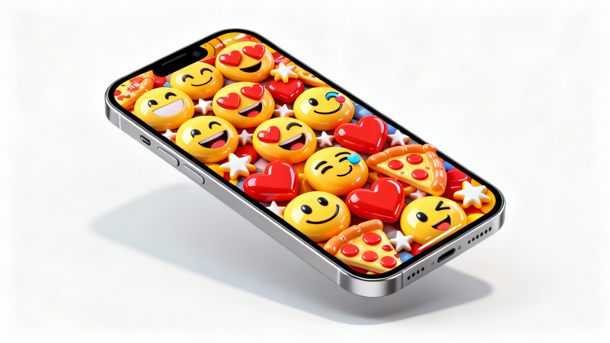 A modern smartphone displaying a colorful lock screen wallpaper made of a dense pattern of 3D emojis, set against a plain white background.