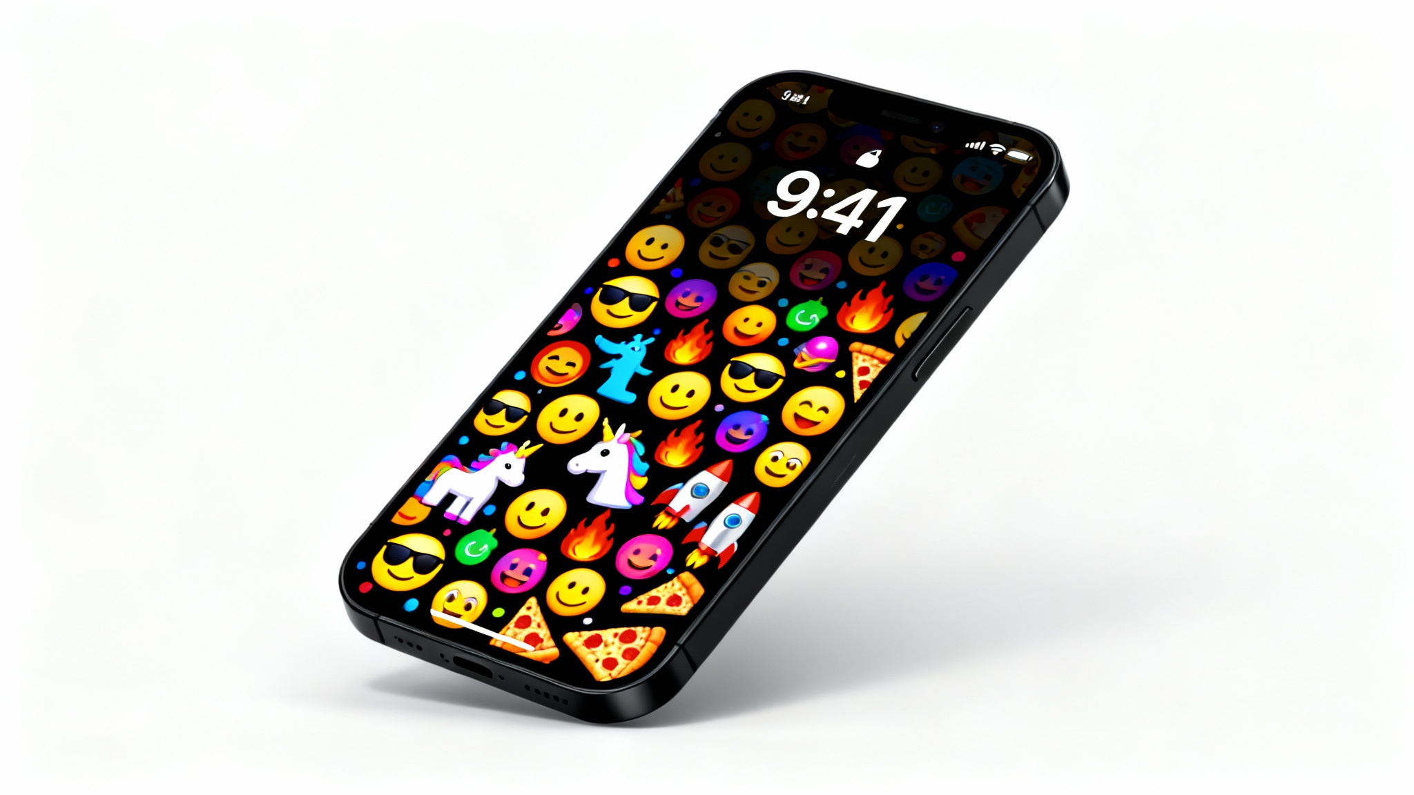 A modern smartphone displaying a vibrant and colorful emoji-patterned lock screen wallpaper, set against a clean white background.