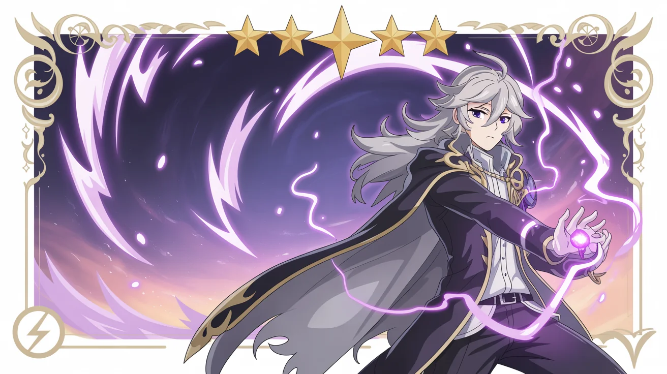 A polished, professional-looking character banner in the style of Genshin Impact, featuring a fictional male character with silver hair in a dynamic pose against a magical purple and gold background. The banner includes stylized text and design elements like stars and ornate frames.