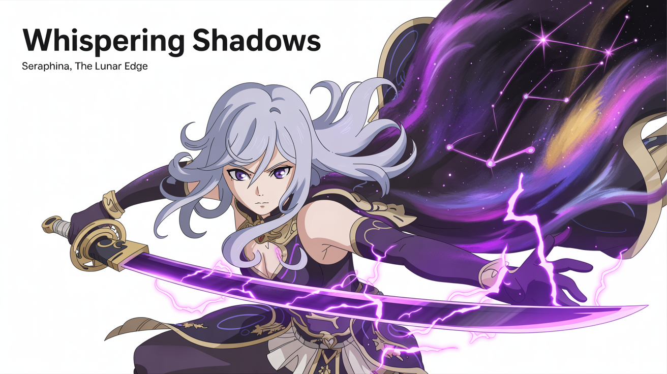 A mockup of a Genshin Impact style character banner featuring an anime warrior with silver hair and a katana. The banner, titled 'Whispering Shadows', shows the character 'Seraphina, the Lunar Edge' against a celestial purple background.