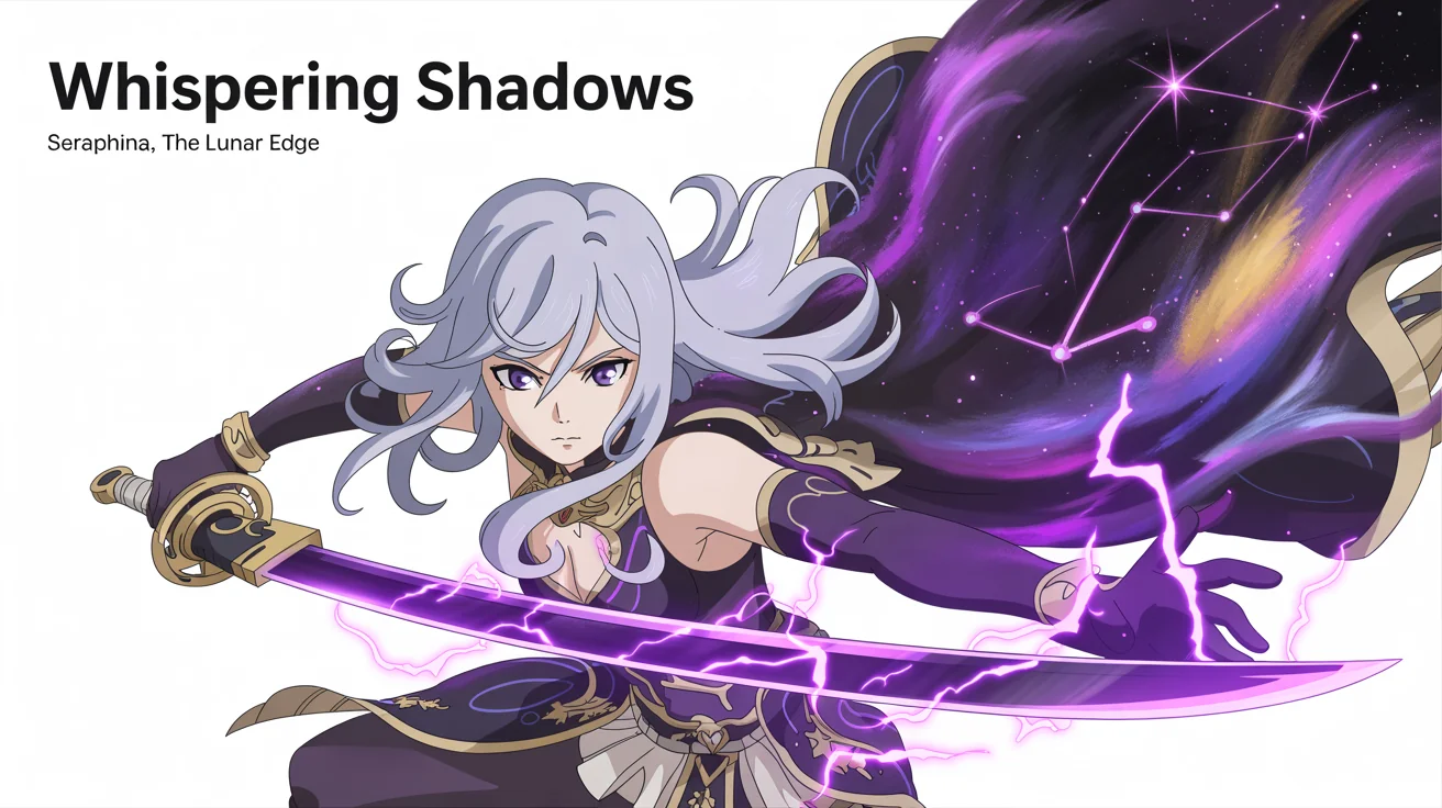 A mockup of a Genshin Impact style character banner featuring an anime warrior with silver hair and a katana. The banner, titled 'Whispering Shadows', shows the character 'Seraphina, the Lunar Edge' against a celestial purple background.