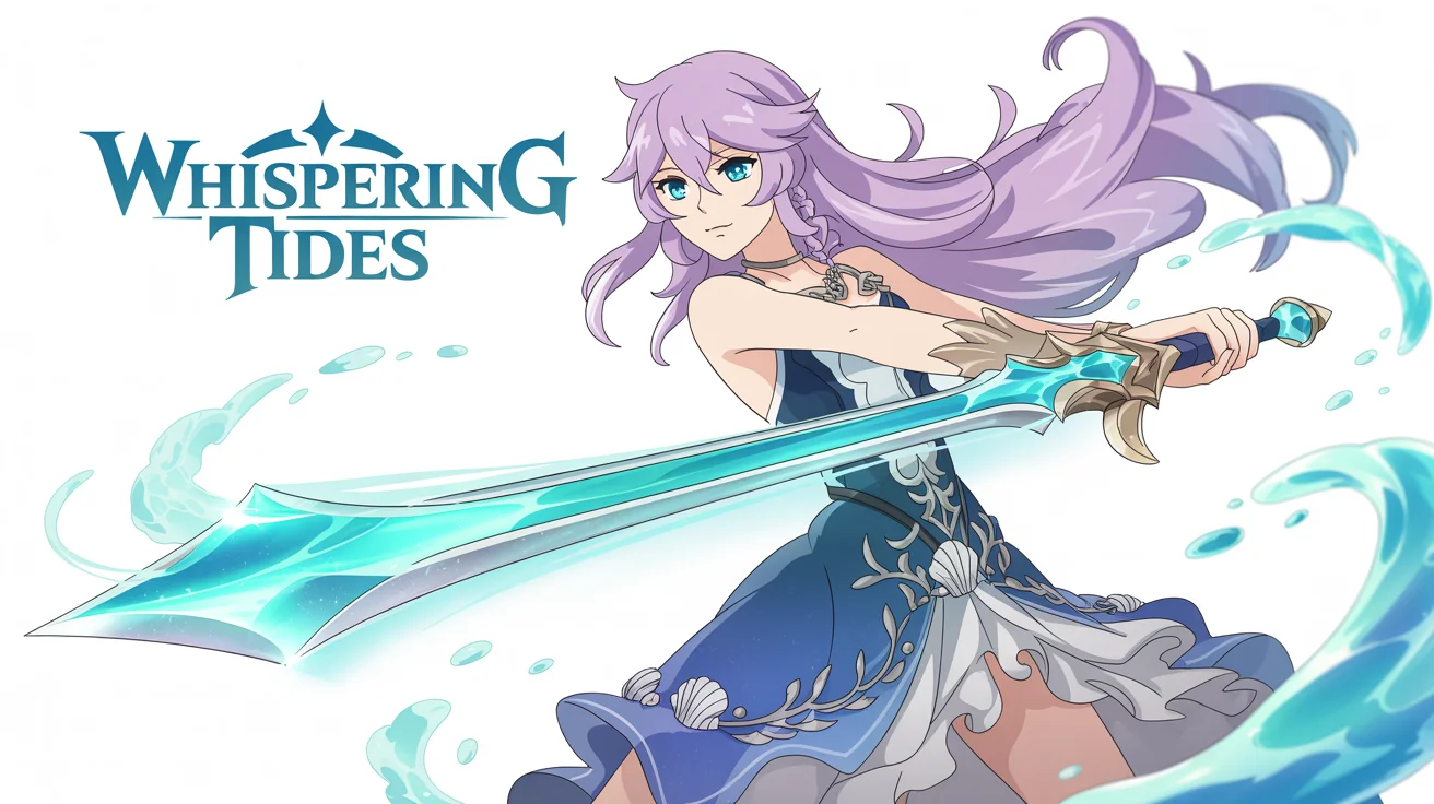 A digital illustration in the style of a Genshin Impact character banner, featuring a female character with lavender hair wielding a water-infused sword against a white background.