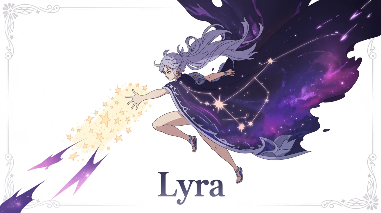 An anime character banner in the style of Genshin Impact. A female character with long silver hair and a purple robe summons lightning and stars against a celestial nebula background. The name 'LYRA' is at the bottom.