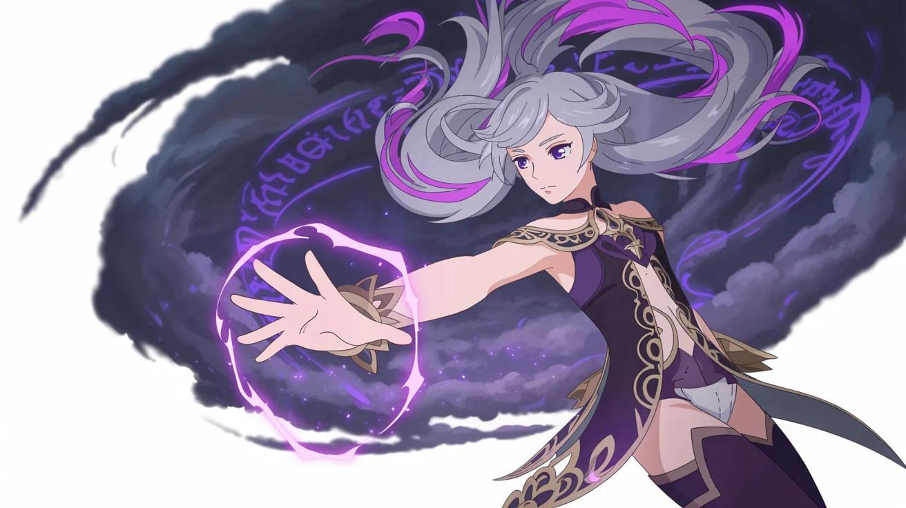 A Genshin Impact-style character banner mockup featuring a fictional female character named Lyra. She has silver and purple hair, wields purple lightning magic, and is set against a dark, stormy background. The banner includes the text 'Event Wish: Celestial Umbra' and 'Lyra, Whisper of the Void'.