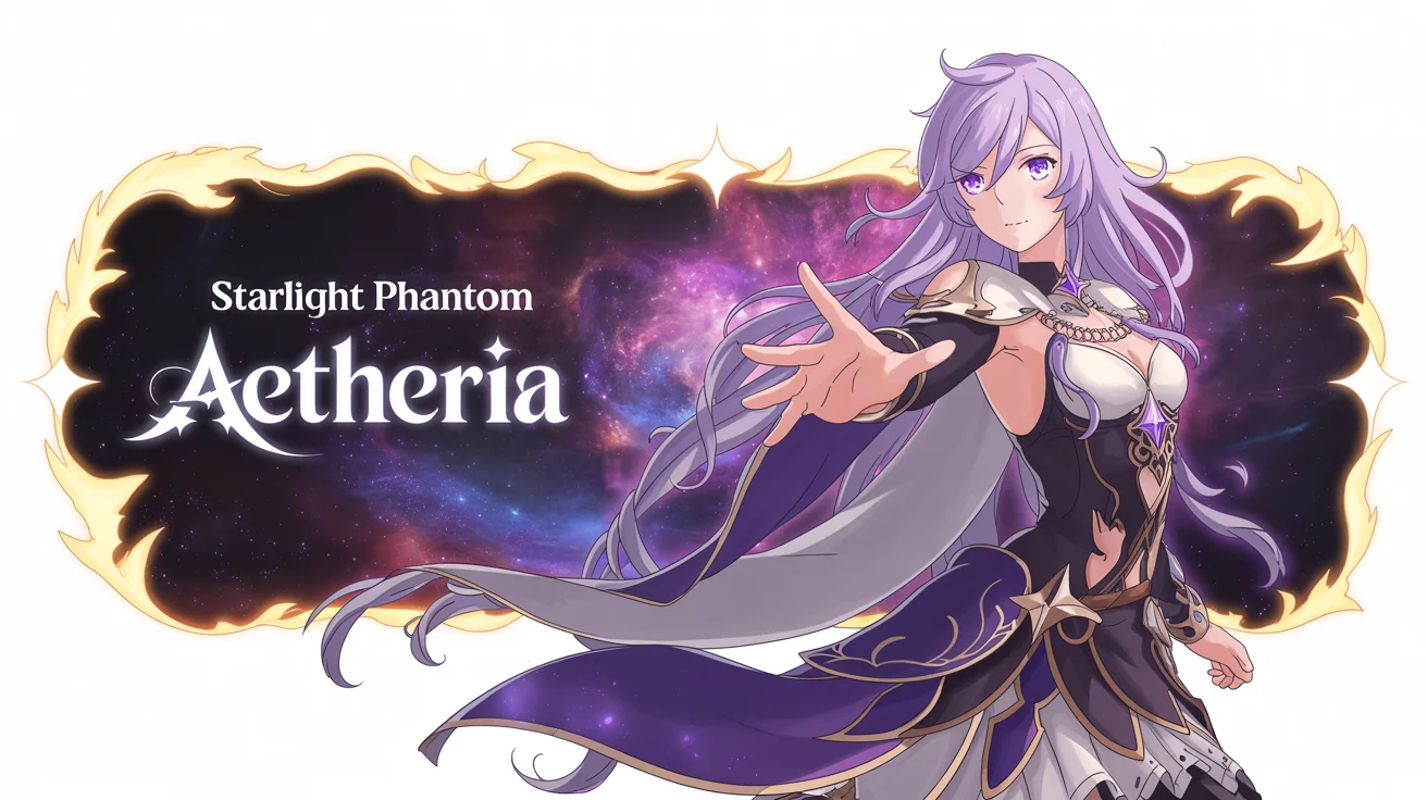 An anime-style character banner mockup inspired by Genshin Impact, featuring an elegant female character with iridescent hair against a cosmic nebula background. The banner has a golden ornate frame.