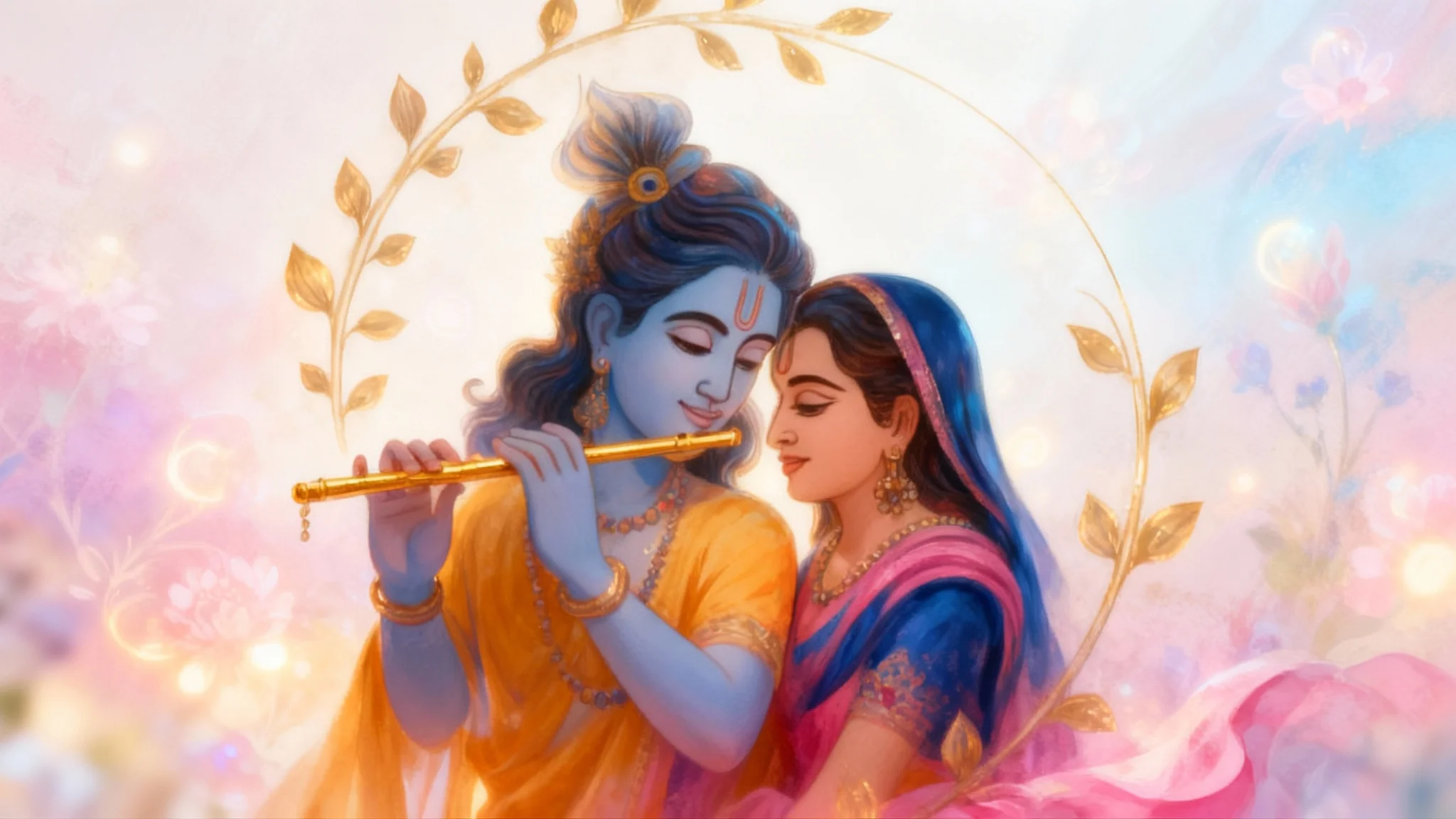 A beautifully colored digital painting showing the Hindu deities Radha and Krishna. Krishna holds a flute, and Radha gazes at him lovingly. They are dressed in vibrant colors and surrounded by glowing floral patterns in an ethereal, painterly style.