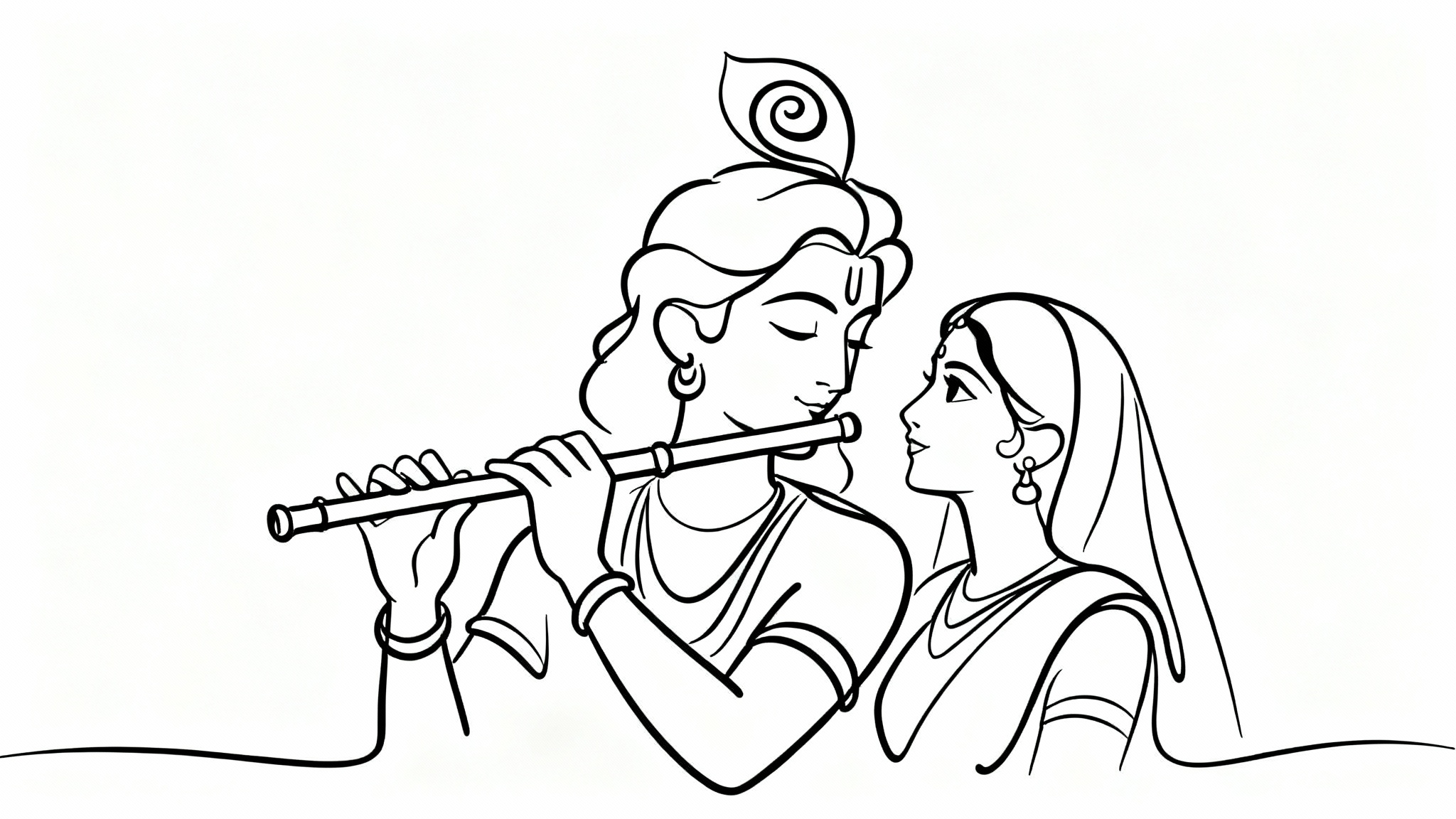 A minimalist single-line drawing of Radha and Krishna in black ink on a white background. Krishna plays the flute while Radha looks at him lovingly.