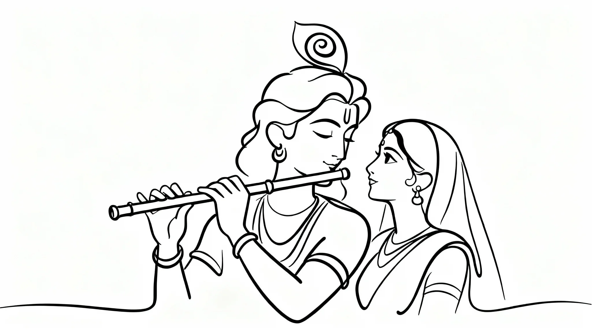 A minimalist single-line drawing of Radha and Krishna in black ink on a white background. Krishna plays the flute while Radha looks at him lovingly.