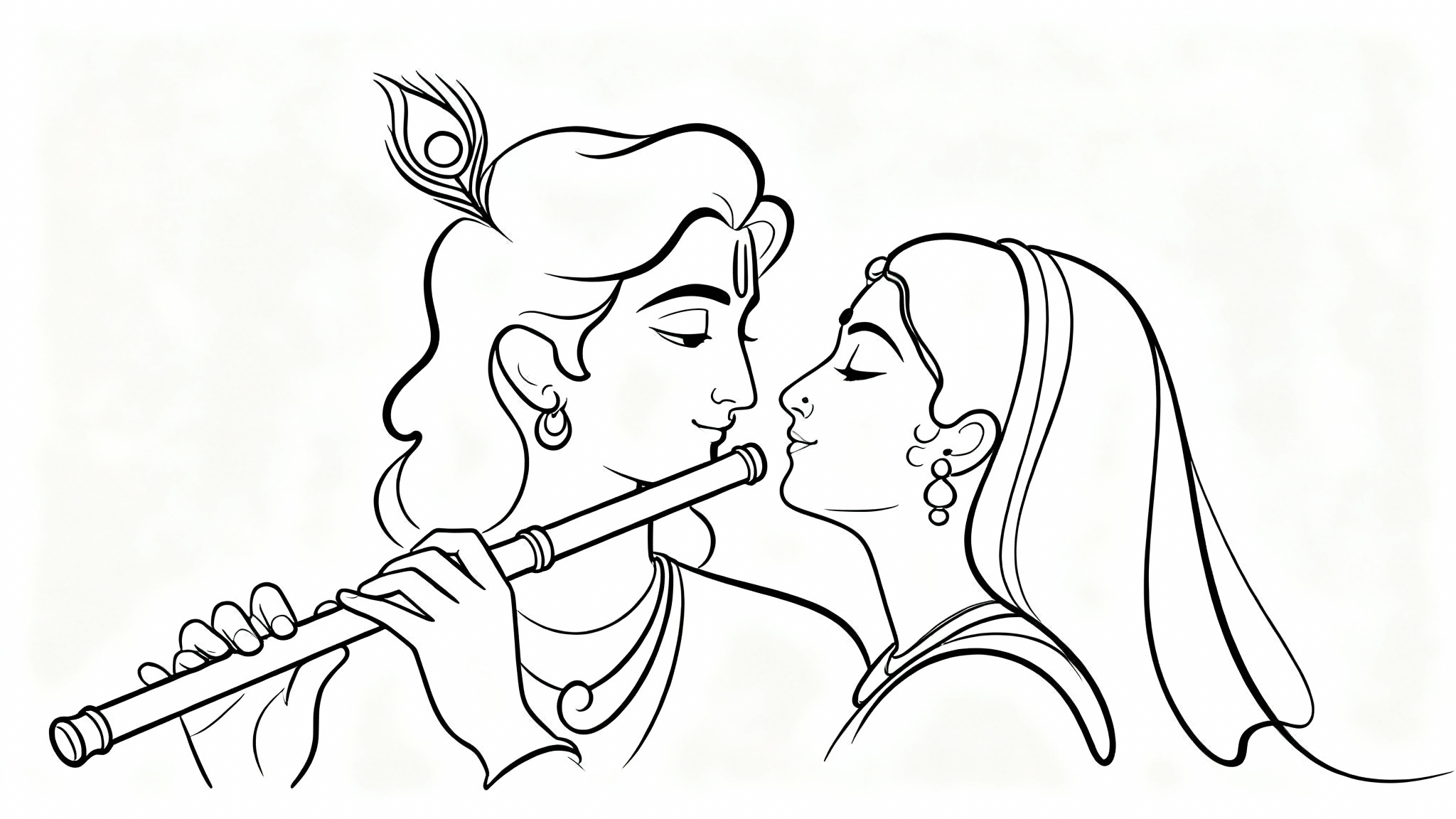 A minimalist black and white line drawing of Radha and Krishna, where Krishna plays the flute and Radha gazes at him lovingly.