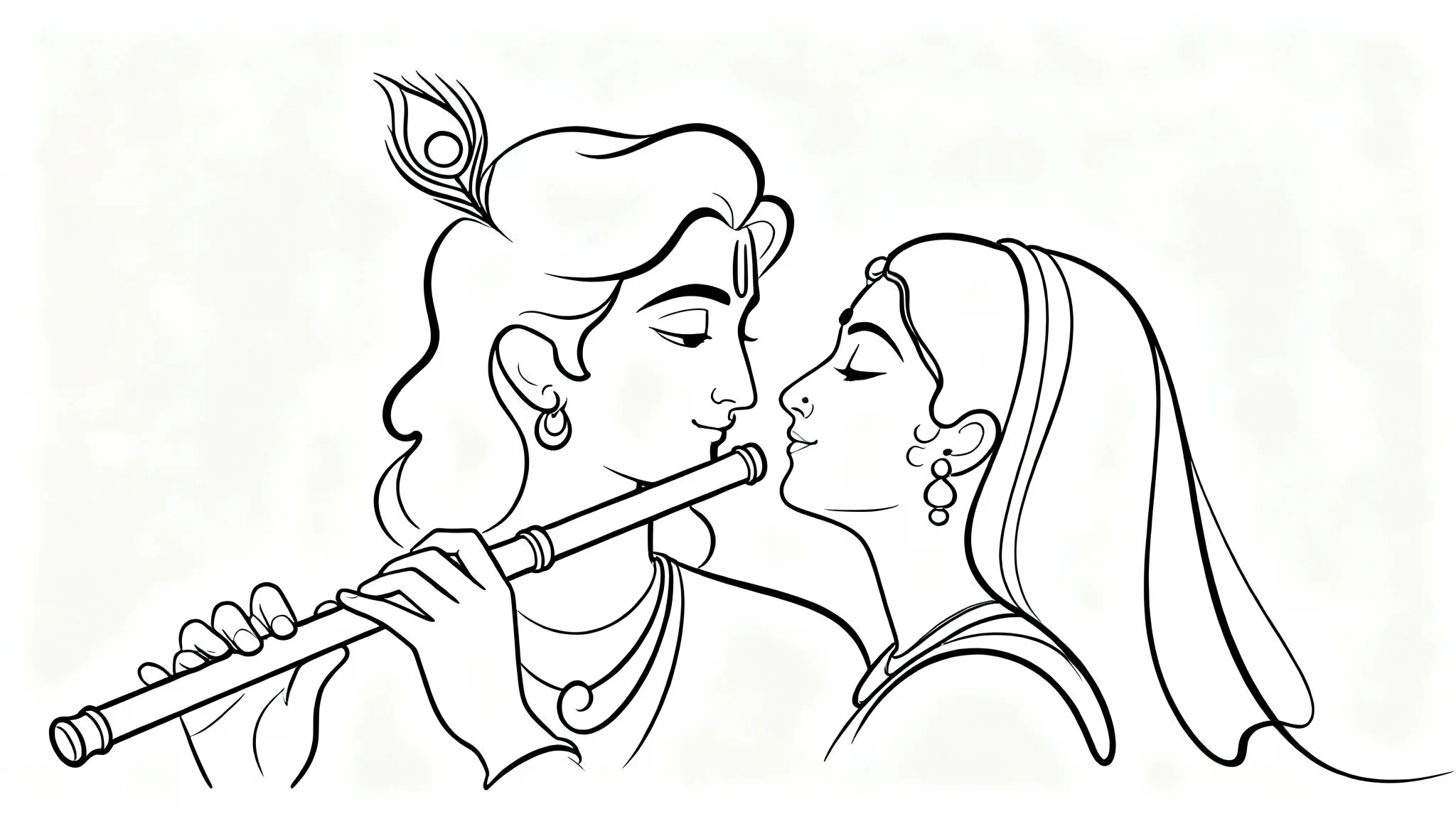 A minimalist black and white line drawing of Radha and Krishna, where Krishna plays the flute and Radha gazes at him lovingly.