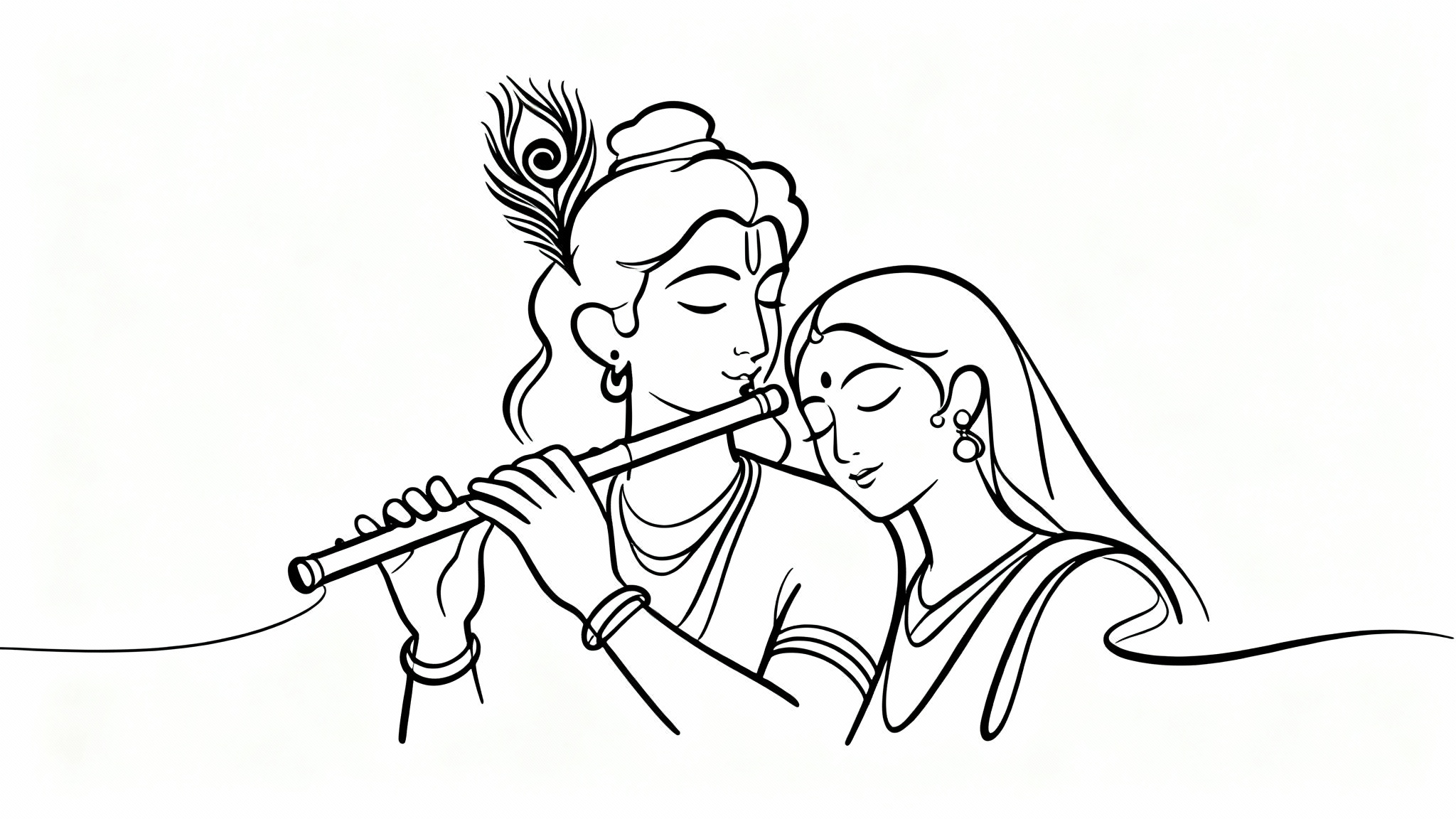 A minimalist single-line drawing in black ink on a white background, depicting Radha and Krishna in a serene, loving embrace.