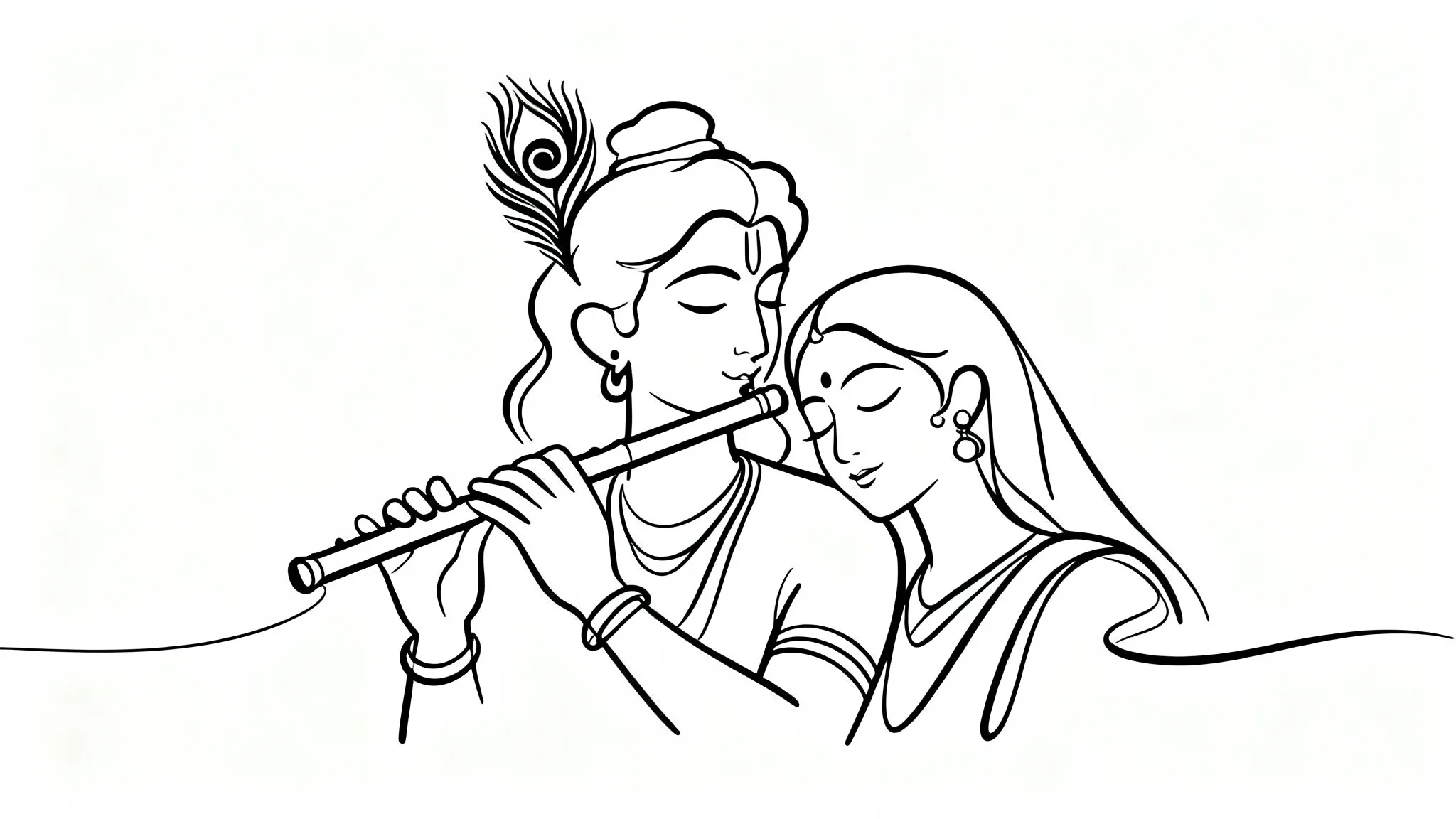A minimalist single-line drawing in black ink on a white background, depicting Radha and Krishna in a serene, loving embrace.