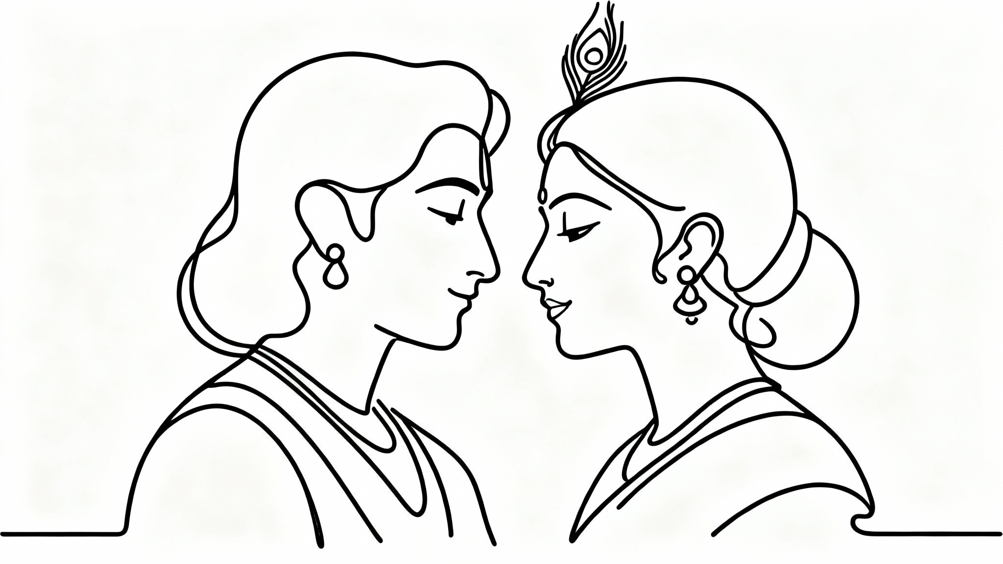 A minimalist black and white single-line drawing of Radha and Krishna in a loving pose, isolated on a plain white background.